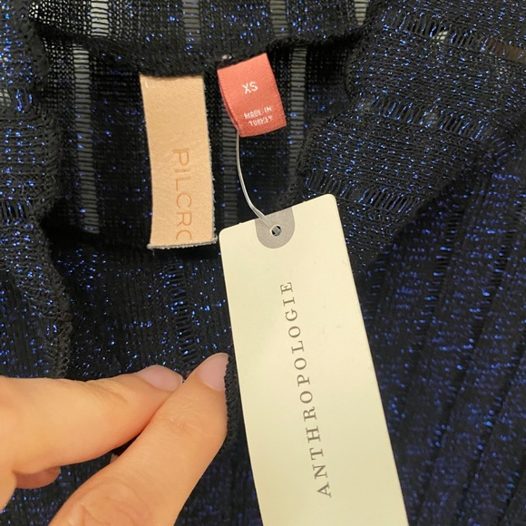 NWT Pilcro by Anthropologie Turtleneck Navy Blue Metallic Sheer Top Size XS - Picture 4 of 10